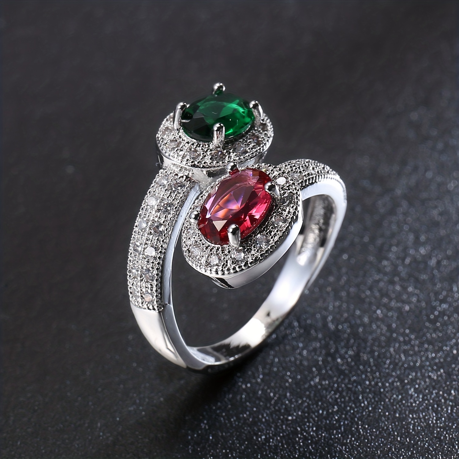 Boho Unisex Wedding Proposal Ring Red & Green Zircon Copper Band